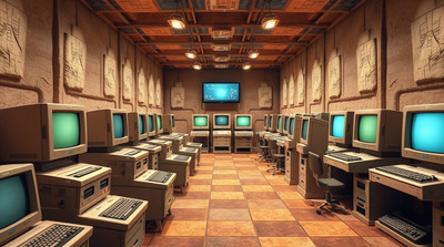 An adorable, charming arcade hall filled with retro AT computers, designed for computer wallpaper use, crafted from layered papier-mâché material with sculpted textures.jpg
