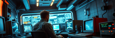 Futuristic sci-fi style blog banner extreme macro close-up of an 80s room with old computers and a man seen from the back playing DOS games. Small subject detail, advanced technology, space elements.jpg