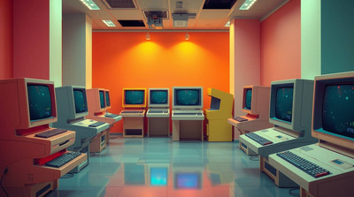 A digital wallpaper showcasing an arcade hall of retro AT computers, rendered in vibrant, complementary colors, with graceful and elegant features and balanced tones.jpg