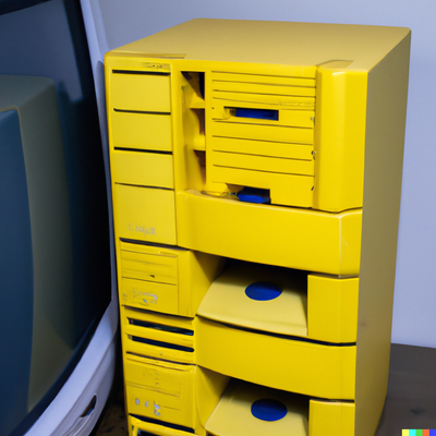 DALL·E 2023-02-20 22.44.20 - a yellow 80s tower pc featuring ugly floppy drives.png