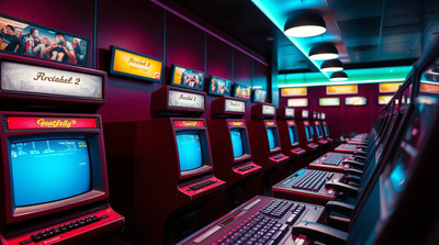 A tight close-up shot of a sophisticated and elegant arcade hall wallpaper featuring retro AT computers in rich burgundy and deep blue, with detailed focus.jpg