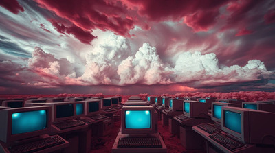 A wallpaper depicting a room full of retro AT computers under intense dramatic weather in surreal infrared tones. Stormy skies create a high-tension atmosphere with an otherworldly appearance using the infrared spect.jpg
