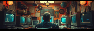 Dramatic blog banner in a cinematic style. An 80s room filled with old computers, a man's back visible playing a DOS game, surreal elements, and bizarre details.  Film-like composition, vivid color palette.jpg